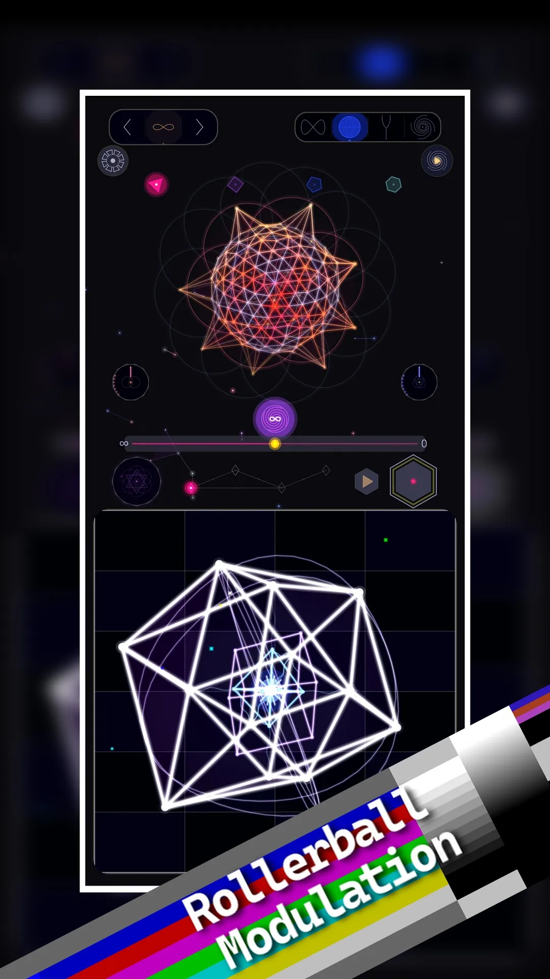 Rollerball modulation screen in Spectryx showing a glowing geodesic sphere modulator above the starfield sequencer grid