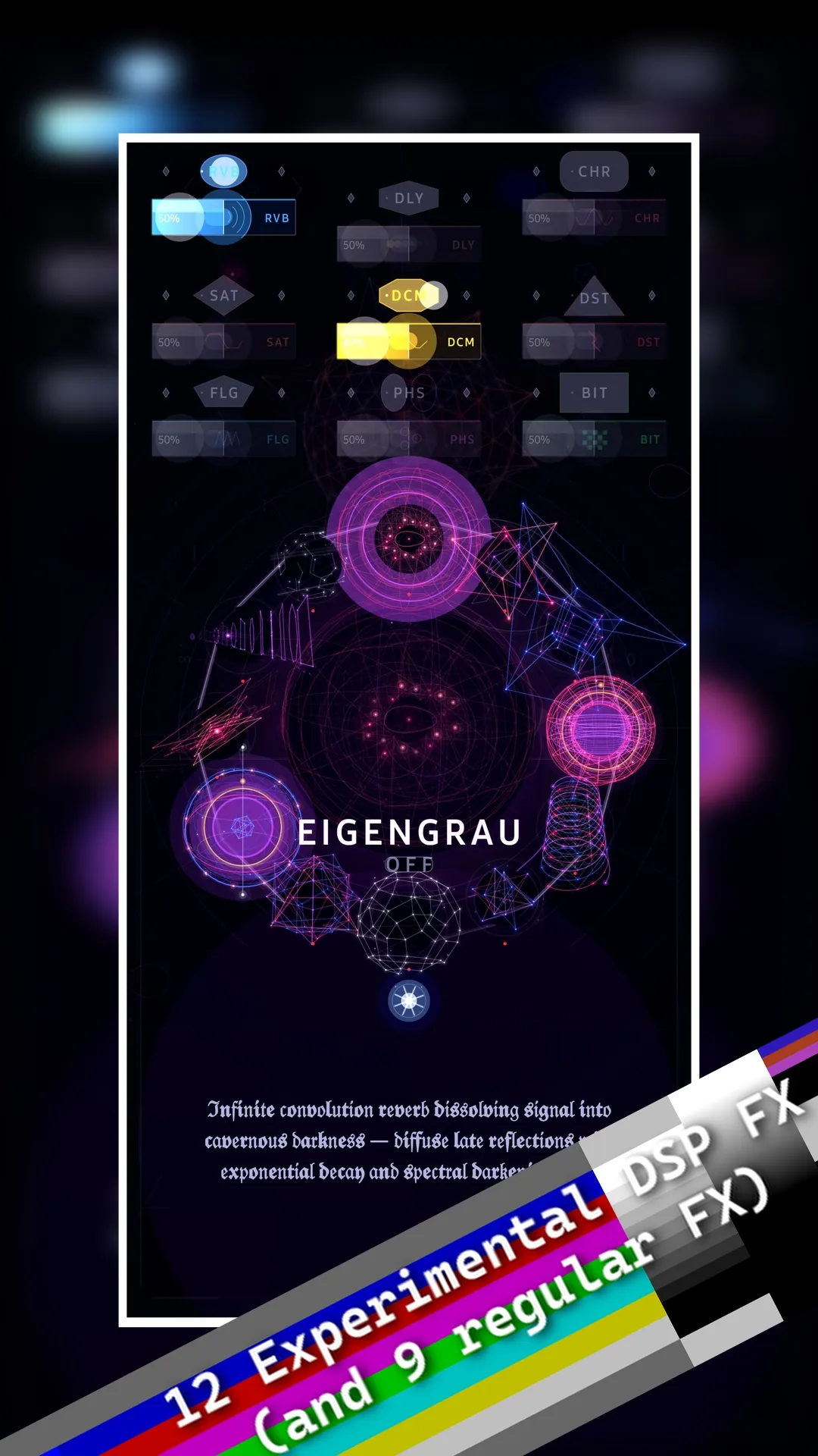 Spectryx effects rack with 21 effect tiles and the Eigengrau infinite convolution reverb selected on a ring of experimental DSP effects