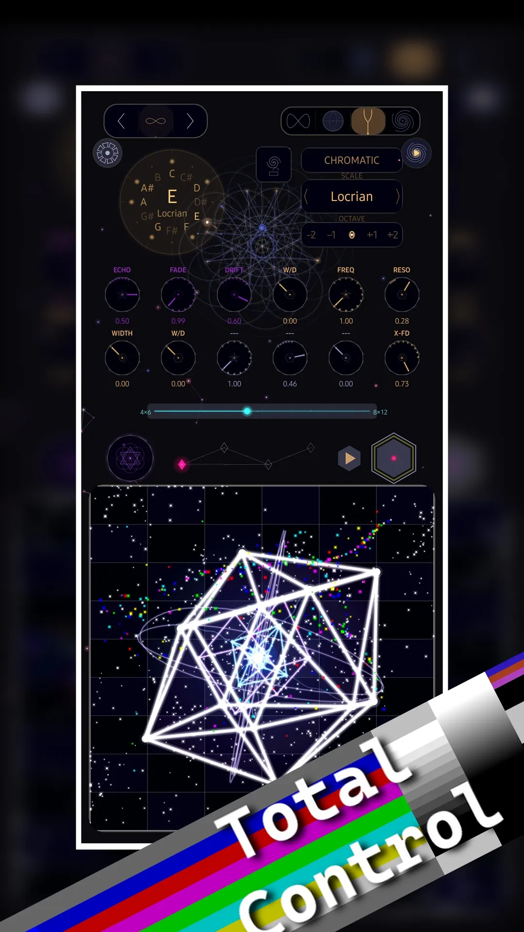 Spectryx tuning panel with a chromatic root note circle set to E Locrian, scale lock, octave shift, and knobs for echo, fade, drift, and resonance