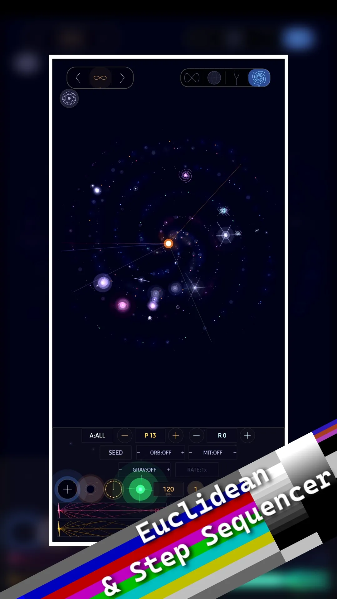 Euclidean and step sequencer in Spectryx: a spiral galaxy star map with pattern, rotation, seed, orbit, and gravity controls at 120 BPM