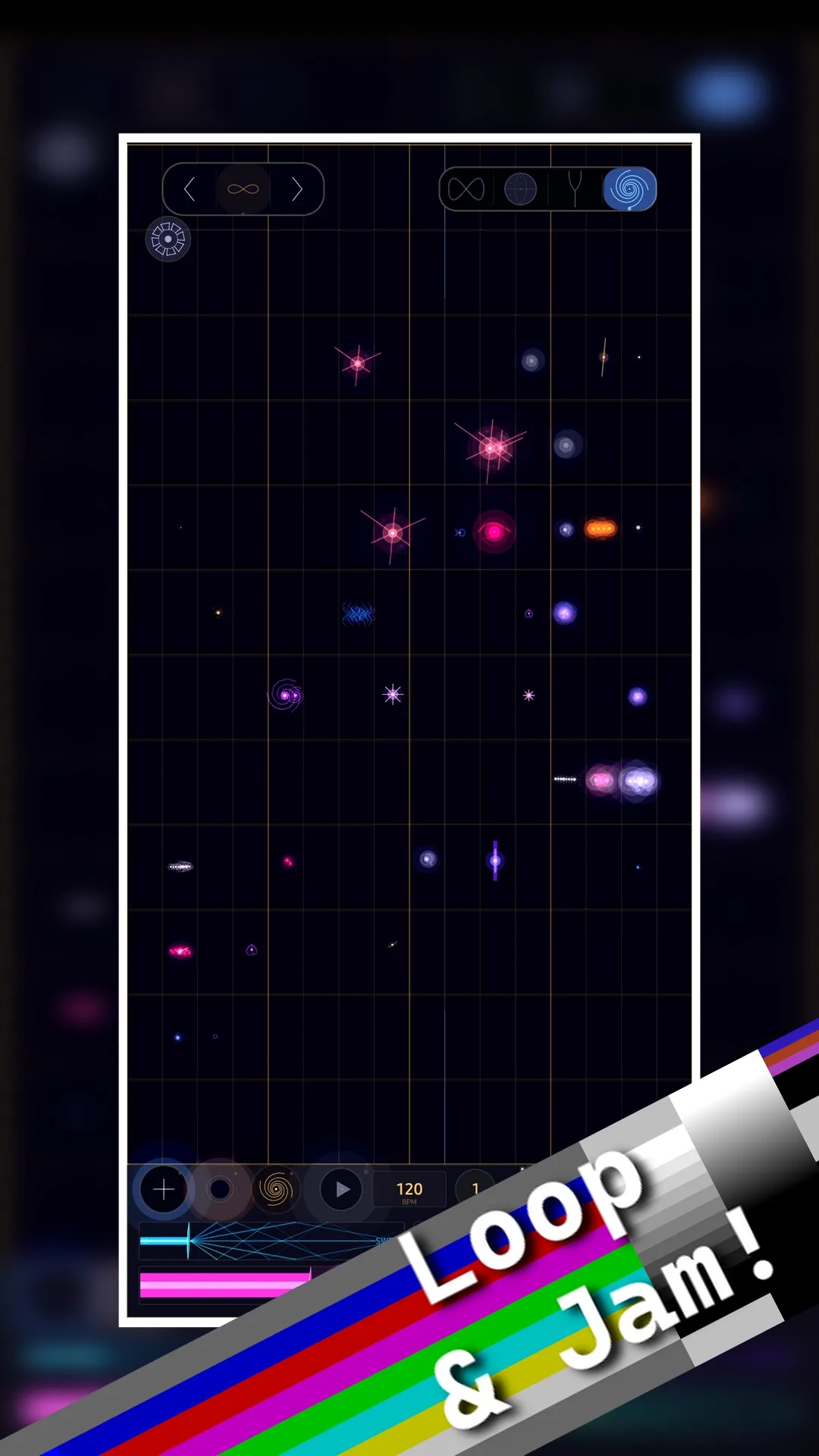 Constellation sequencer grid in Spectryx with celestial trigger bodies placed across a starfield and loop lanes in the transport bar