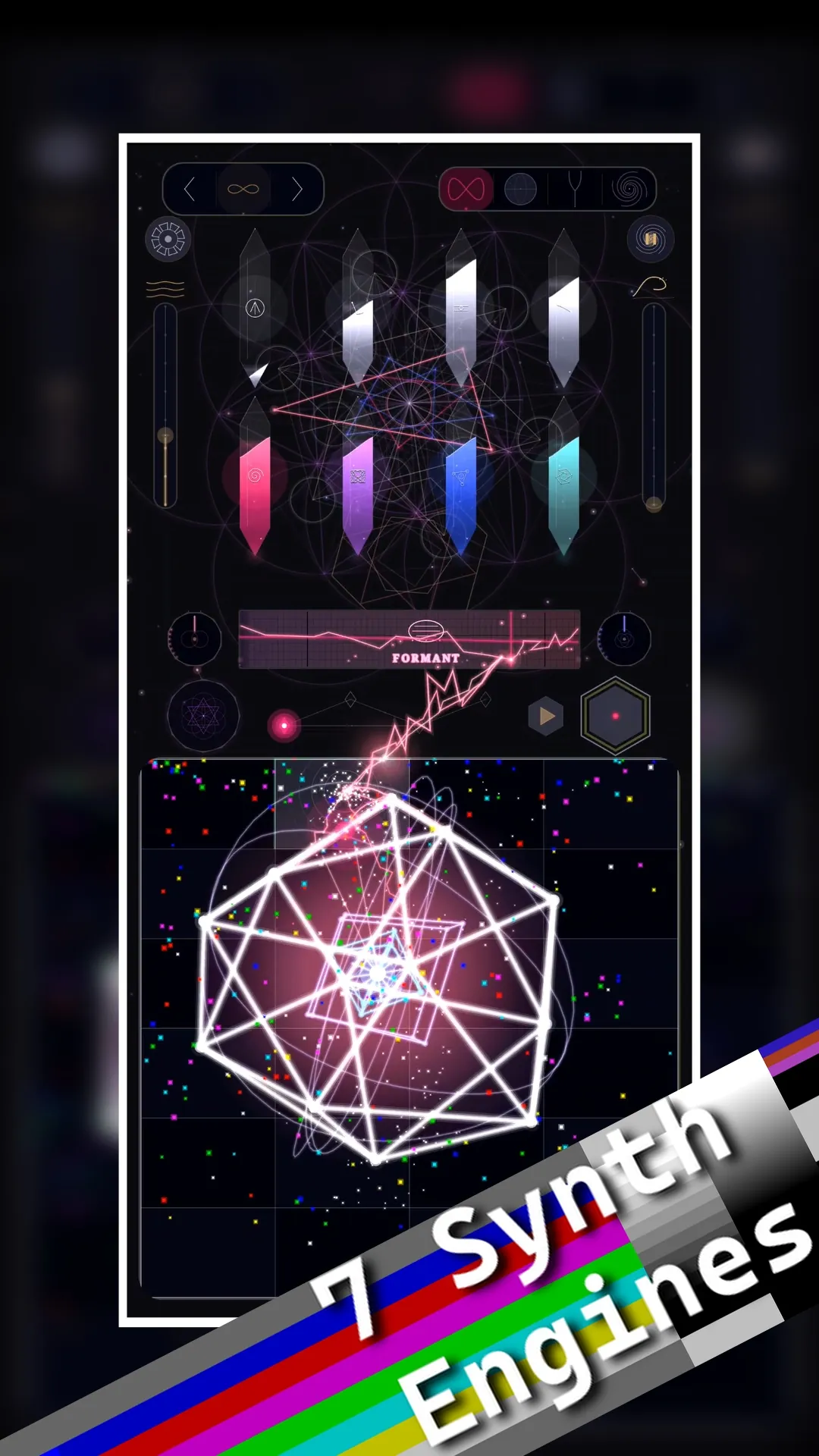 Spectryx synth engine screen with seven crystal-shaped synthesis type selectors, a formant spectrum display, and an audio-reactive icosahedron visual